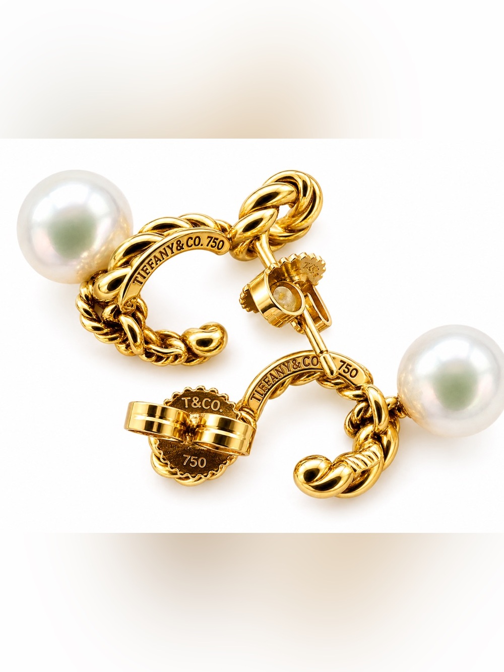 Vintage Tiffany & Co. 18K Gold Rope Pearl Drop Earrings